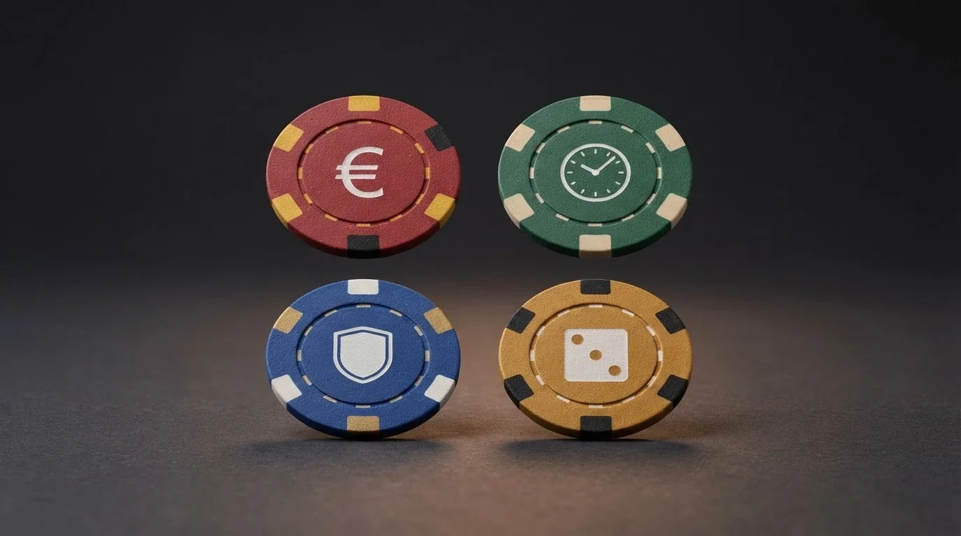 Una cuadrícula con fichas de casino de distinto color y tamaño, cada una con un icono distinto: un símbolo de bitcoin, un dado de bonificación, un reloj y un candado