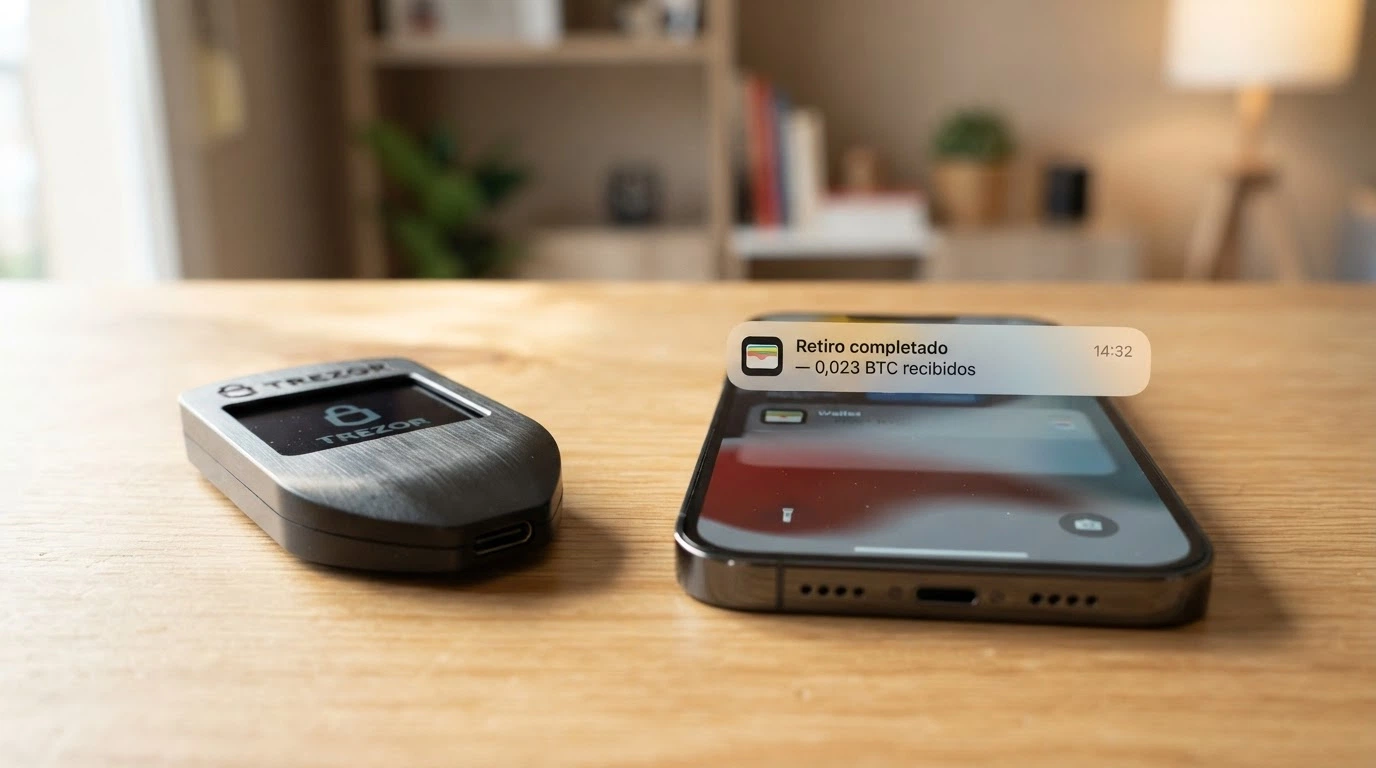 Un monedero físico de criptomonedas junto a un teléfono móvil que muestra una notificación de «Retiro completado — 0,023 BTC recibidos» con la hora exacta