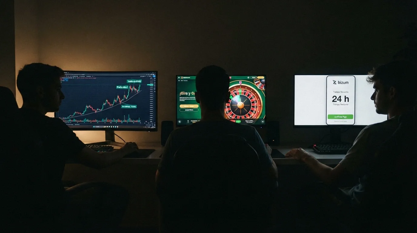 Tres siluetas de jugadores frente a tres pantallas distintas: una con gráfico de criptomonedas, otra con una ruleta de bonos y una tercera con el logo de Bizum y un reloj marcando 24h